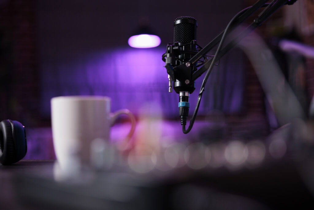 Podcast microphone set up for a live recording session